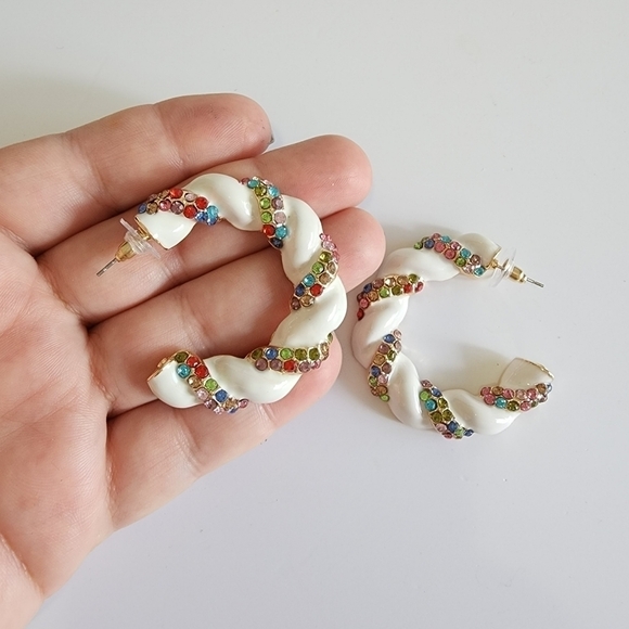 NEW Multicolor Rhinestone Embellished Braided White Hoop Earrings - Picture 7 of 9